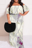 Light Blue Floral Print Off Shoulder Flutter Sleeve Long Loose Vacation Plus Size Maxi Dresses