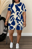 Blue Orange Graphics Print O Neck Short Sleeve Oversize T Shirt And Shorts Set Sportwear Plus Size Two Piece Matching Set