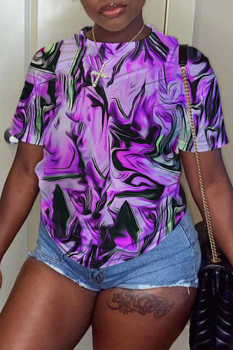 Purple Graphics Print O Neck Short Sleeve Casual Oversize Graphics T-Shirts