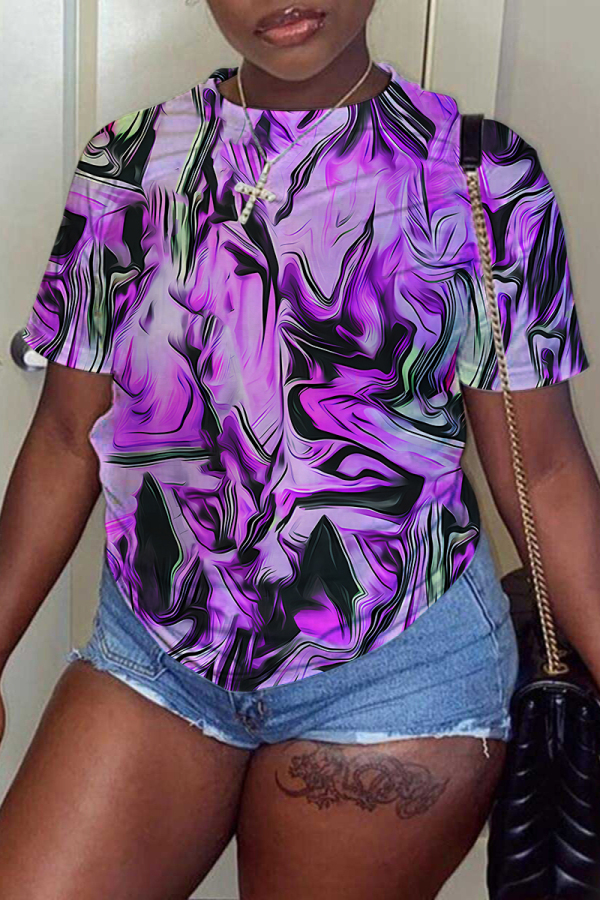 Purple Graphics Print O Neck Short Sleeve Casual Oversize Graphics T-Shirts