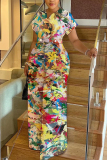 Yellow Tie Dye Print V Neck Short Sleeve Casual Vacation Wide Leg Jumpsuits