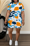 Blue Orange Graphics Print O Neck Short Sleeve Oversize T Shirt And Shorts Set Sportwear Plus Size Two Piece Matching Set