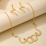 Gold Twelve Zodiac Metal Double Snake Wrapped Necklace Earrings Two Piece Set