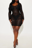 Black Long Sleeve See-Through Cut Out Bikini Sets And Mini Dress Beach Vacation Three Piece Swimsuit Set