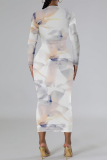 Green National Totem Print O Neck Long Sleeve Casual Bodycon Midi Dress