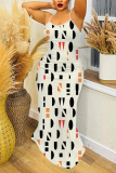 Light Blue Graphics Print Backless Sleeveless Spaghetti Strap Floor Length Long Baggy Vacation Maxi Slip Dresses