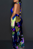 Blue Tiger Stripes Geometric Print Lace Up Backless Contrast Halter Loose Straight Leg Jumpsuits