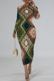 Green National Totem Print O Neck Long Sleeve Casual Bodycon Midi Dress