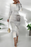Green National Totem Print O Neck Long Sleeve Casual Bodycon Midi Dress