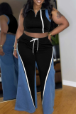 Green Zipper Collar Sleeveless Lace Up Contrast Denim Crop Tops And Wide Leg Pants Casual Two Pieces Trouser Seets