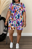 Blue Orange Graphics Print O Neck Short Sleeve Oversize T Shirt And Shorts Set Sportwear Plus Size Two Piece Matching Set