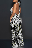Blue Tiger Stripes Geometric Print Lace Up Backless Contrast Halter Loose Straight Leg Jumpsuits