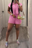 Khaki Turndown Collar Short Sleeve Blouse And Cami Romper Casual Two Pieces Sets