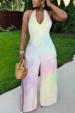 Light Yellow Tie Dye Gradient Print Lace Up Backless Contrast Halter Loose Straight Leg Jumpsuits