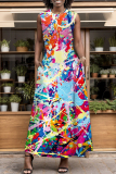 Blue Yellow Tie Dye Print Sleeveless O Neck Pocket Casual Loose Vacation Maxi Dresses