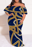Light Blue Floral Print Off Shoulder Flutter Sleeve Long Loose Vacation Plus Size Maxi Dresses