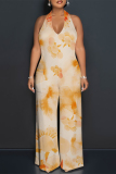 Light Yellow Tie Dye Gradient Print Lace Up Backless Contrast Halter Loose Straight Leg Jumpsuits