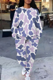 Blue Purple Leopard Print O Neck Long Sleeve Sweatshirt And Pants Sportwear Casual Two Pieces Jogger Set