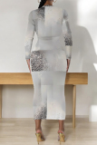 Green National Totem Print O Neck Long Sleeve Casual Bodycon Midi Dress