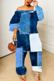 Blue Graphics Print Off Shoulder Long Sleeve Casual Vacation Harem Leg Jumpsuits