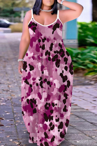 Purple Red Graphics Print Backless Spaghetti Strap Sleeveless Vacation Loose Long Maxi Slip Dresses