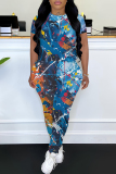 Rose Red Graphics Print O Neck Short Sleeve T Shirt and Skinny Pants Casual Two Pieces Trouser Sets