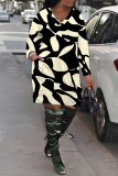 Orange Graphics Print V Neck Long Sleeve Pockets Loose Casual Mini Dresses