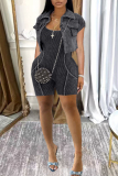 Khaki Turndown Collar Short Sleeve Blouse And Cami Romper Casual Two Pieces Sets