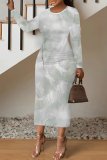 Green National Totem Print O Neck Long Sleeve Casual Bodycon Midi Dress