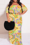 Light Blue Floral Print Off Shoulder Flutter Sleeve Long Loose Vacation Plus Size Maxi Dresses