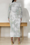 Green National Totem Print O Neck Long Sleeve Casual Bodycon Midi Dress
