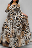 Golden Tiger Stripes Leopard Snakeskin Print Lace Up Belted Long Sleeve O Neck Casual Swing Maxi Dresses