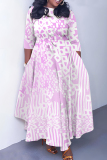 Pink Graphics Print O Neck 3/4 Sleeve Belted Pockets Long Vacation Casual Pleated A Line Maxi Dresses