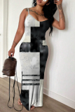 Light Green Graphics Print Backless Sleeveless Spaghetti Strap Floor Length Long Baggy Vacation Maxi Slip Dresses