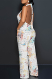 Beige Floral Print Lace Up Sleeveless Backless Loose Straight Leg Halter Jumpsuits