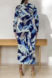 Green National Totem Print O Neck Long Sleeve Casual Bodycon Midi Dress