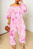 Dark Blue White Graphics Print Off Shoulder Long Sleeve Casual Vacation Harem Leg Jumpsuits