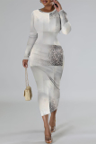 Green National Totem Print O Neck Long Sleeve Casual Bodycon Midi Dress