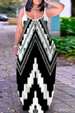 Black White Graphics Print Backless Spaghetti Strap Floor Length Vacation Baggy Plus Size Sundress Slip Maxi Dress