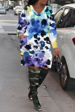 Orange Graphics Print V Neck Long Sleeve Pockets Loose Casual Mini Dresses