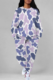 Blue Purple Leopard Print O Neck Long Sleeve Sweatshirt And Pants Sportwear Casual Two Pieces Jogger Set