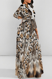 Golden Tiger Stripes Leopard Snakeskin Print Lace Up Belted Long Sleeve O Neck Casual Swing Maxi Dresses