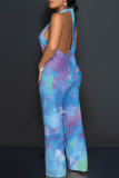 Light Yellow Tie Dye Gradient Print Lace Up Backless Contrast Halter Loose Straight Leg Jumpsuits