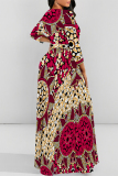 Golden Tiger Stripes Leopard Snakeskin Print Lace Up Belted Long Sleeve O Neck Casual Swing Maxi Dresses