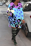 Orange Graphics Print V Neck Long Sleeve Pockets Loose Casual Mini Dresses
