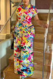 Yellow Tie Dye Print V Neck Short Sleeve Casual Vacation Wide Leg Jumpsuits