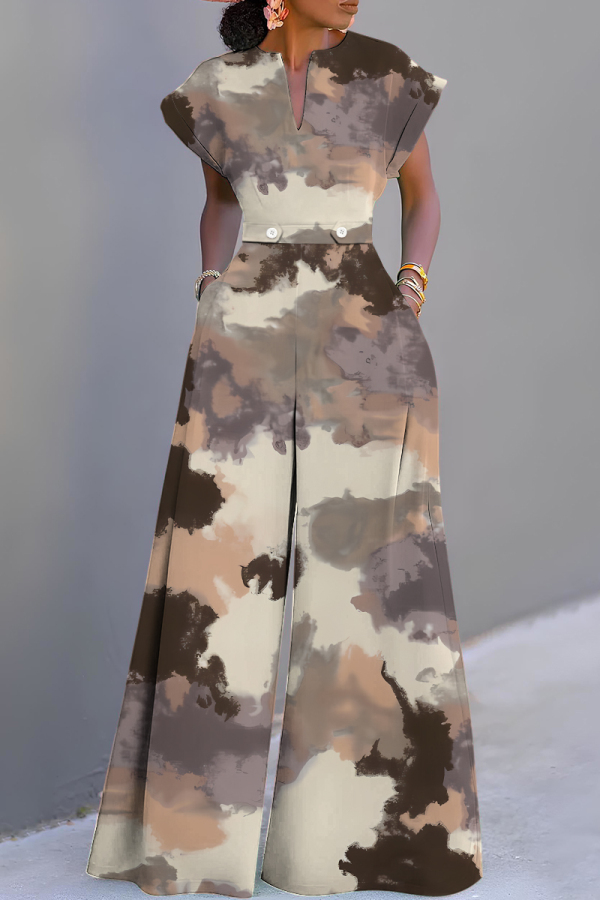 Multicolor Graphcis Print V Neck Short Sleeve Casual Vacation Wide Leg Jumpsuits