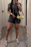 Khaki Turndown Collar Short Sleeve Blouse And Cami Romper Casual Two Pieces Sets