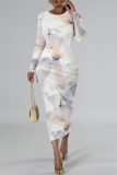 Green National Totem Print O Neck Long Sleeve Casual Bodycon Midi Dress