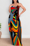 Blue Yellow Graffiti Print Backless Spaghetti Strap Floor Length Vacation Baggy Plus Size Sundress Slip Maxi Dress